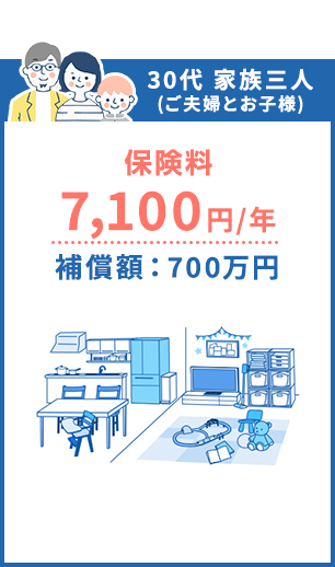 30代 家族三人(ご夫婦とお子様) 保険料7,100円/年 補償額：700万円