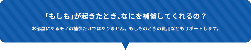 もしもが起きたとき、なにを補償してくれるの？お部屋にあるモノの補償だけではありません。もしものときの費用などもサポートします。