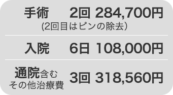 手術：2回284,700円（2回目はピンの除去）入院：6日108,000円 通院含むその他治療費：3回318,560円