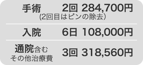 手術：2回284,700円（2回目はピンの除去）入院：6日108,000円 通院含むその他治療費：3回318,560円