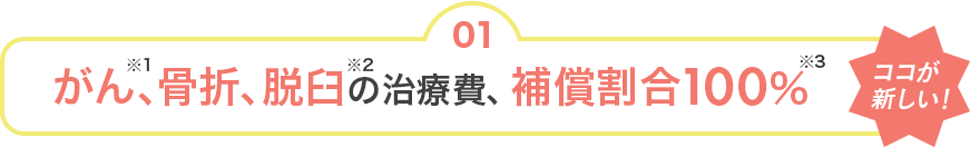 01 [ココが新しい！]がん※1、骨折、脱臼※2の治療費、補償割合100％※3